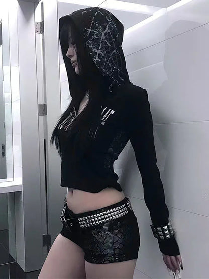 Cathy Dollette Black Hooded Gothic T Shirt  Clothes Long Sleeve Autumn Top2000s Clothes  Graphic T Shirts Tees Female Chic
