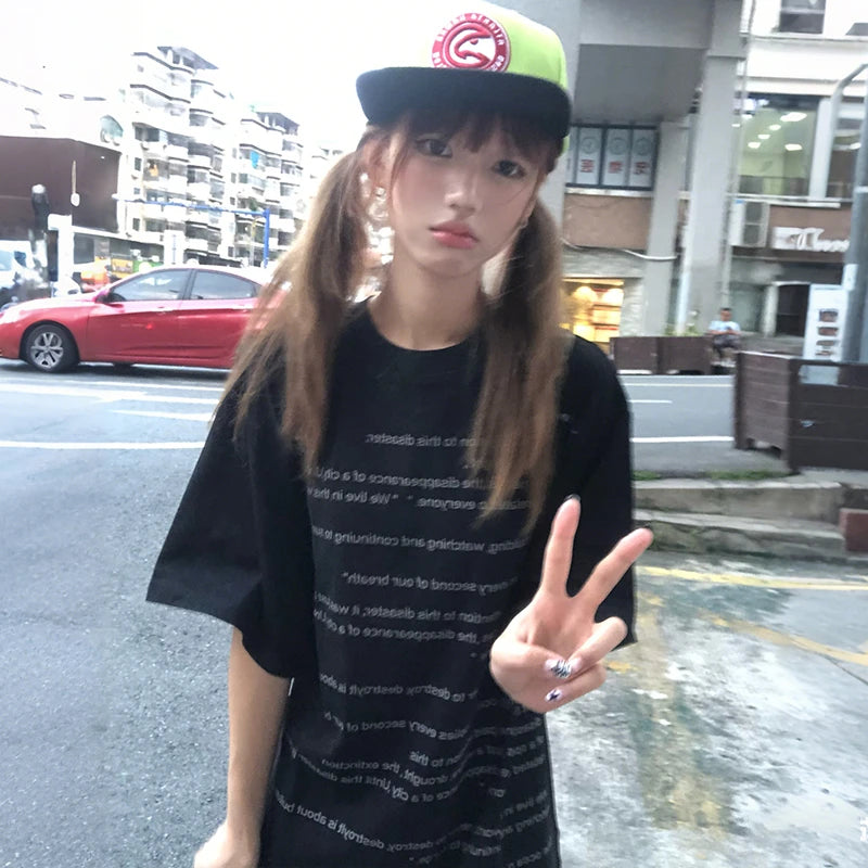 Cathy Dollette Japanese  Letter Print  2000s Style Short Sleeve Black Tee Shirt Vintage Harajuku Streetwear American Retro