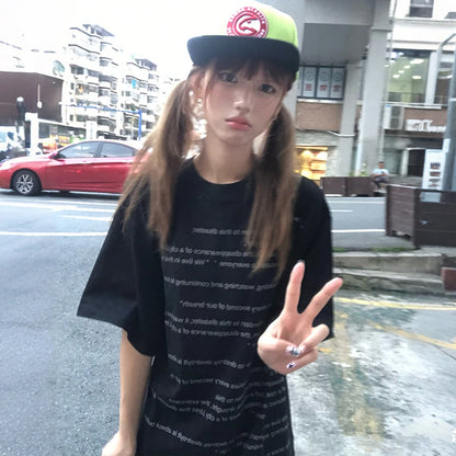 Cathy Dollette Japanese  Letter Print  2000s Style Short Sleeve Black Tee Shirt Vintage Harajuku Streetwear American Retro