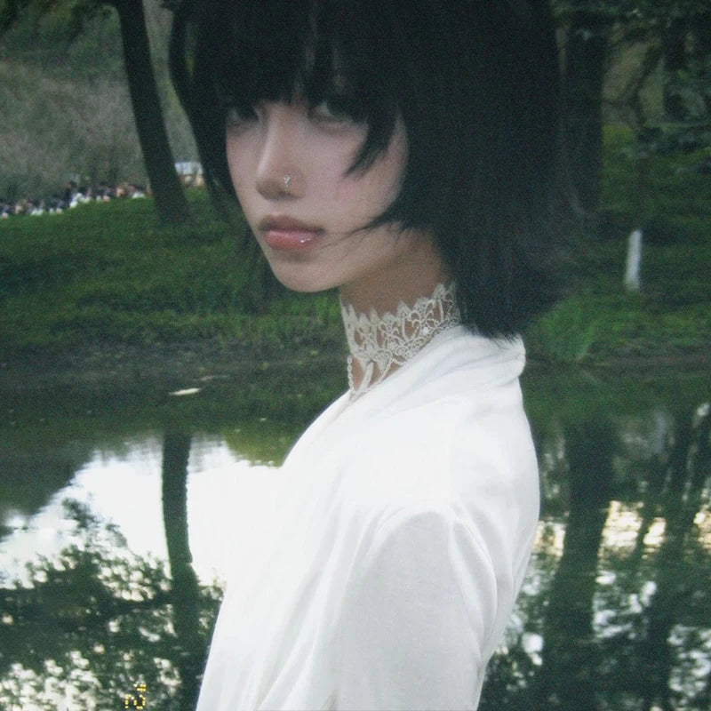 Cathy Dollette Japanese  Cross TopTrashy 2000s Style V-neck Long Sleeve  Vintage Harajuku White Irregular TopAmerican 90s