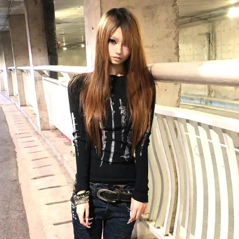 Cathy Dollette Grunge s Tattoo Print Knitted TopTrashy  Long Sleeve Knit  Vintage Gothic Button Top American Retro