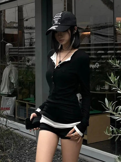 Cathy Dollette Patchwork Fake Two Piece T Shirt  Clothes Long Sleeve Gothic 2000s Clothes  Tees Female Clothing Autumn Tops