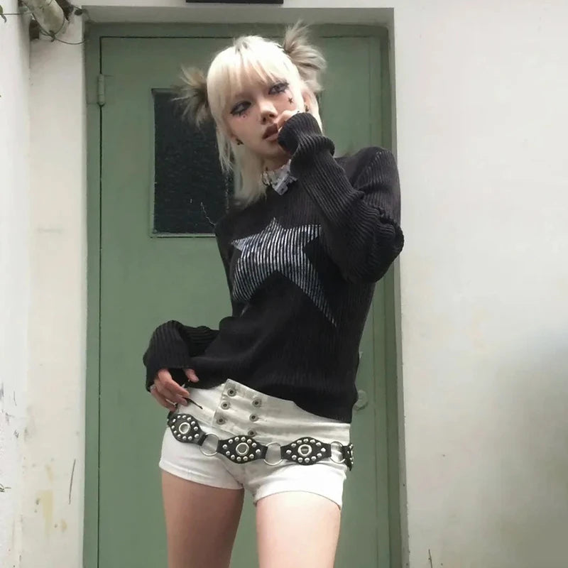 Cathy Dollette Grunge s Star Print Knitted TopTrashy  Long Sleeve Knit  Vintage Gothic Knitwear American Retro 90s
