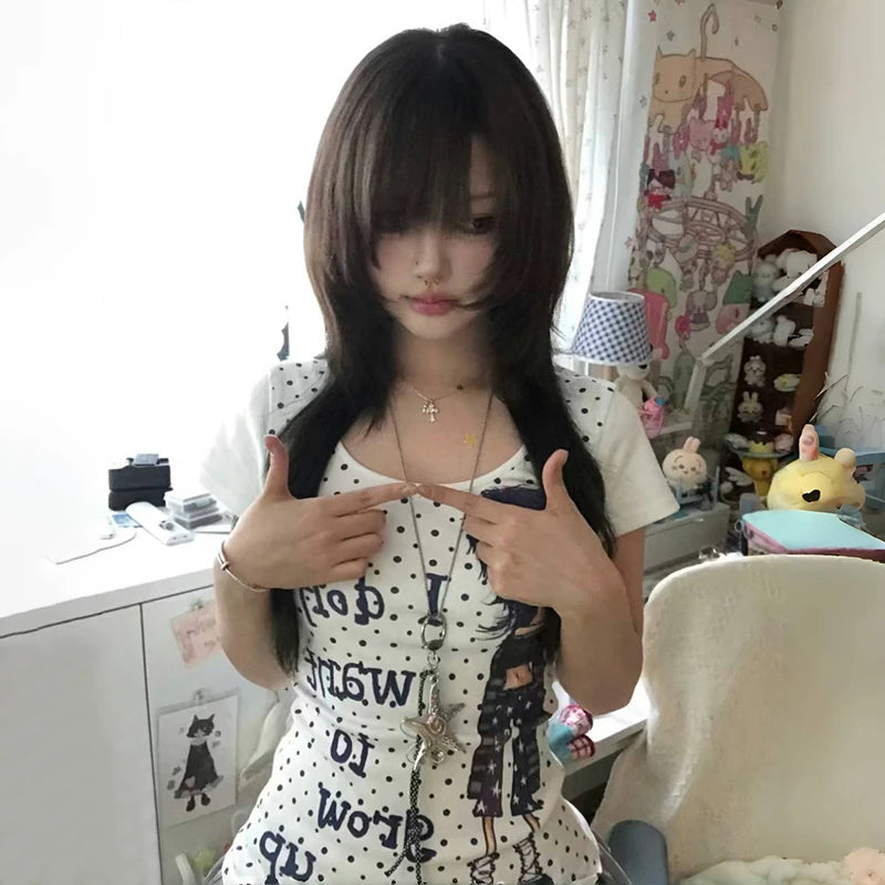 Cathy Dollette Japanese  Anime Print  2000s Style Polka Dots T Shirt Vintage Harajuku Short Sleeve Tee Shirt American Retro
