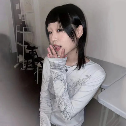 Cathy Dollette Japanese  Tattoo Print  Grunge s Long Sleeve T Shirts Vintage Harajuku Distressed TopAmerican Retro