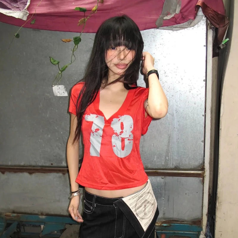 Cathy Dollette  Vintage   Short Slevee Print Graphic Top Japanese 2000s Tee TopCasual V Neck Tshirts