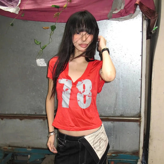 Cathy Dollette  Vintage   Short Slevee Print Graphic Top Japanese 2000s Tee TopCasual V Neck Tshirts