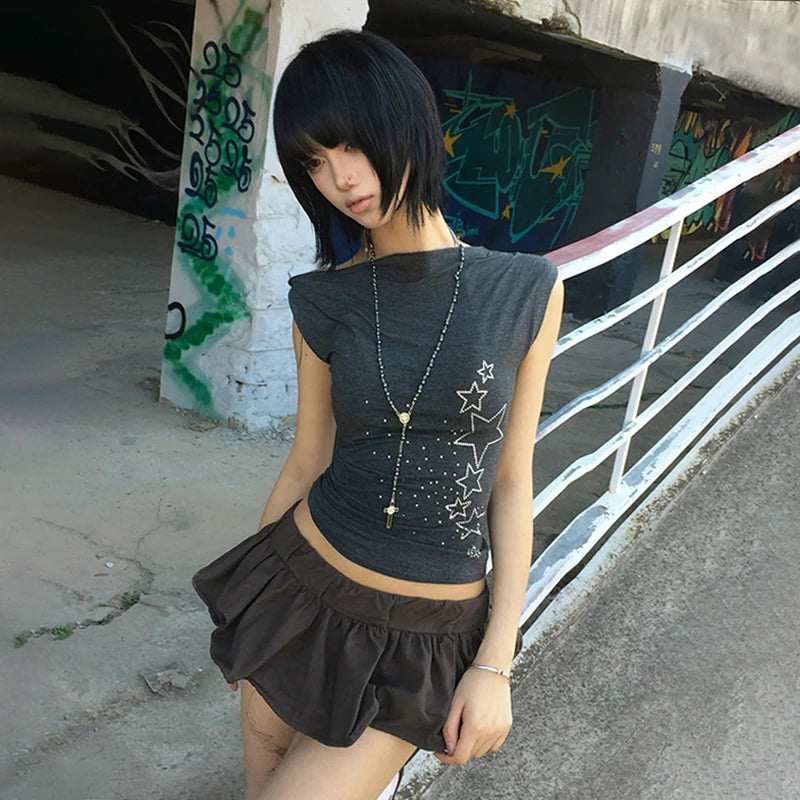 Cathy Dollette Japanese  Off Shoulder  Trashy 2000s Style Rhinestones Sleeveless Top Vintage Harajuku Crop Top American Retro