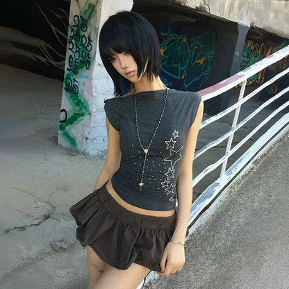 Cathy Dollette Japanese  Off Shoulder  Trashy 2000s Style Rhinestones Sleeveless Top Vintage Harajuku Crop Top American Retro