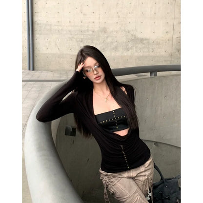 Cathy Dollette  Punk Two Pieces TopIrreugal Rivet Top+ Sleeveless Tank Streetwear Americal Retro 90s Black Tee TopE-girls