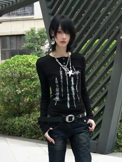 Cathy Dollette Gothic Print Graphic TopButton Slim    Japanese 2000s Grunge TopE-girls Punk Style Tshirts Black