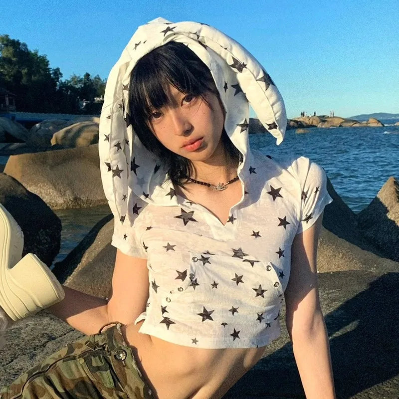 Cathy Dollette Japanese  Hooded  Vintage 2000s Style Rabbit Ears TopHarajuku Star Print Short Sleeve T Shirt Korean Popular
