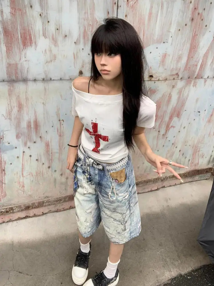 Cathy Dollette Off Shoulder Cross Print 's  2000s Clothes  Short Sleeve Japan Style Graphic Tee Female Clothing Summer