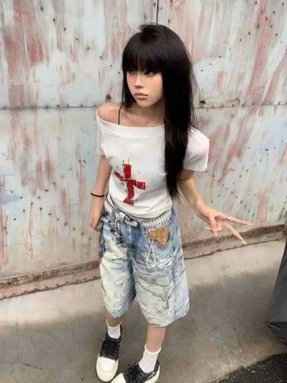Cathy Dollette Off Shoulder Cross Print 's  2000s Clothes  Short Sleeve Japan Style Graphic Tee Female Clothing Summer