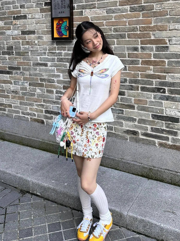 Cathy Dollette  Vintage Print T Shirt  Cotton Short Sleeve Korean Style Graphic Tees 2000s  Casual TopJapanese