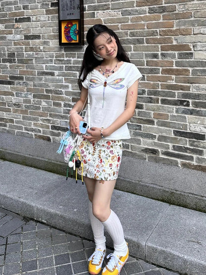 Cathy Dollette  Vintage Print T Shirt  Cotton Short Sleeve Korean Style Graphic Tees 2000s  Casual TopJapanese