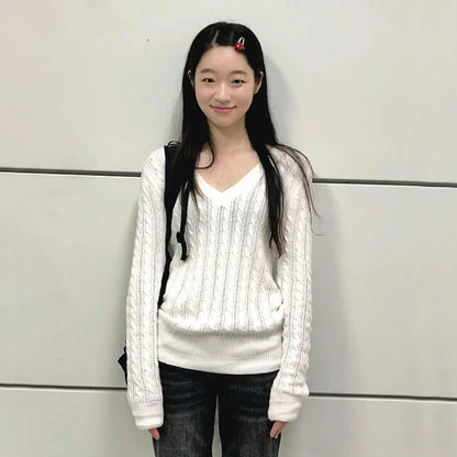 Cathy Dollette Japanese  V-neck White Sweater Vintage Harajuku Knit Slim Pullover Korean Style Fall Winter Knitwear 2000s s