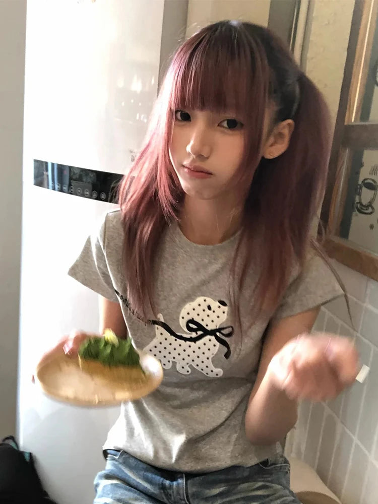 Cathy Dollette Korean Style T Shirt  Short Sleeve Slim Print Graphic Top  Vintage TopJapanese 2000s Tee Tops