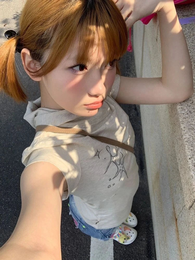Cathy Dollette Korean Style   Slim Print Graphic Top  Japanese Grunge Top 2000s Tshirts E-girls
