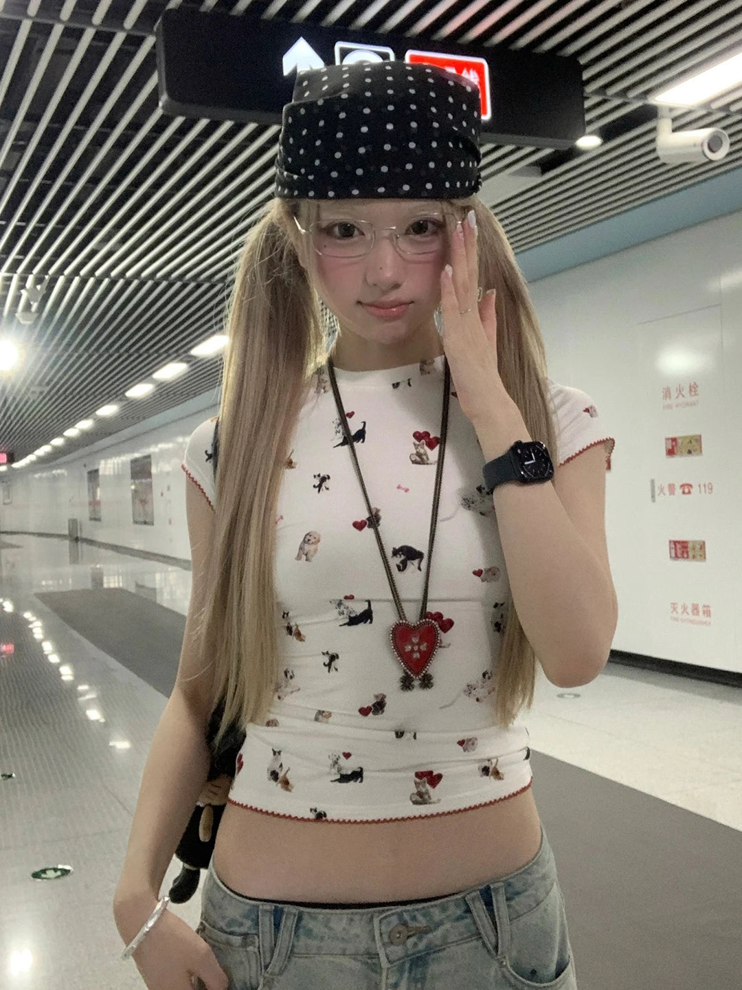 Cathy Dollette Harajuku Print T Shirt  Short Sleeve Cartoon  Vintage Crop Top 2000s Japanese Grunge TopTee