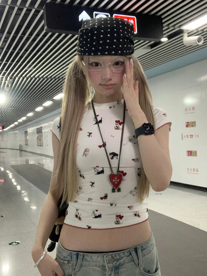 Cathy Dollette Harajuku Print T Shirt  Short Sleeve Cartoon  Vintage Crop Top 2000s Japanese Grunge TopTee