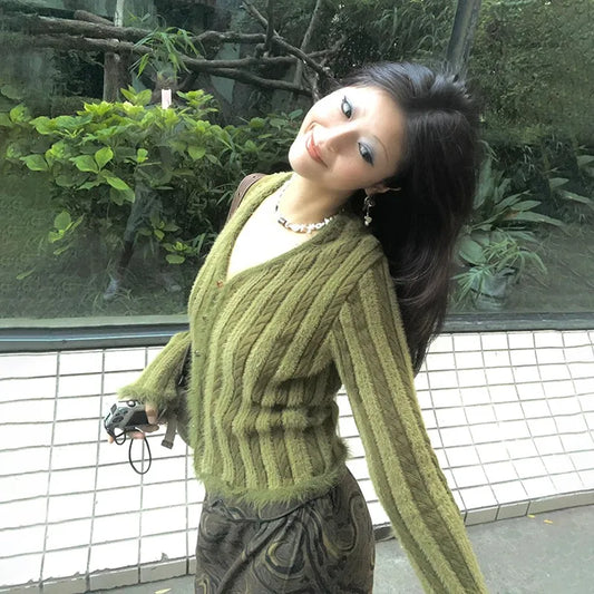 Cathy Dollette Japanese  Crop Cardigan Vintage Harajuku Knitted Outerwears 2000s s V-neck Knitwear Striped American Retro