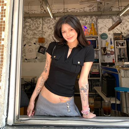 Cathy Dollette Harajuku Vintage T Shirt  Short Sleeve Slim Pocket  American Retro 90s Crop Top V Neck Tee Tops