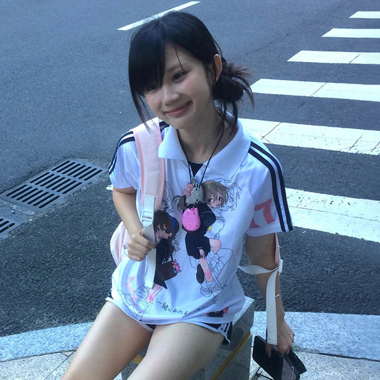 Cathy Dollette Japanese  Anime Print Jersey  Vintage Harajuku Turn-down Collar T Shirt 2000s Style Cutecore Clothes Lolita