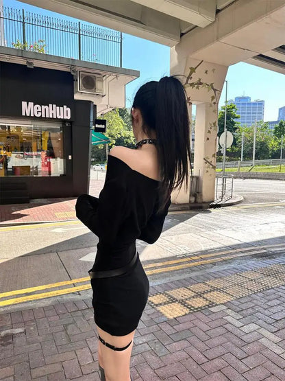 Cathy Dollette Black Slim Sexy Mini Dress  Long Sleeve Autumn Off Shoulder Korean Fashion 2000s  Clothes Party Dresses Chic