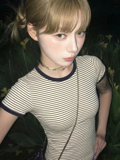 Cathy Dollette Short Sleeve Slim Striped T Shirt Streetwear Tee TopVintage American Retro Tshirts E-girls