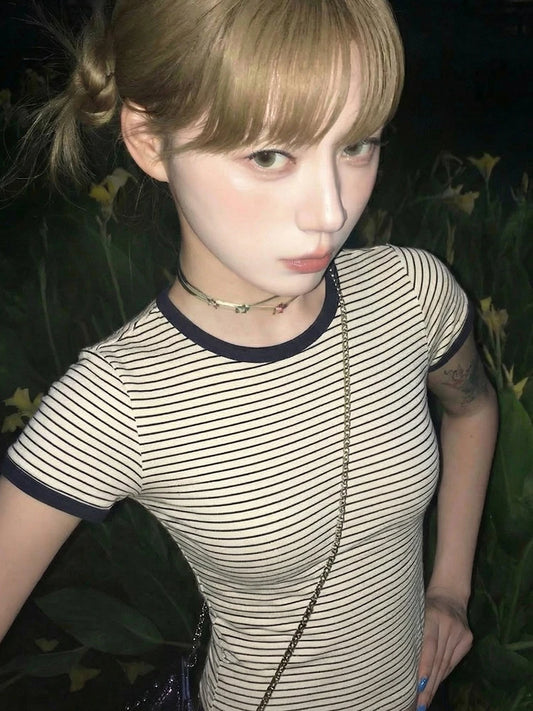 Cathy Dollette Short Sleeve Slim Striped T Shirt Streetwear Tee TopVintage American Retro Tshirts E-girls