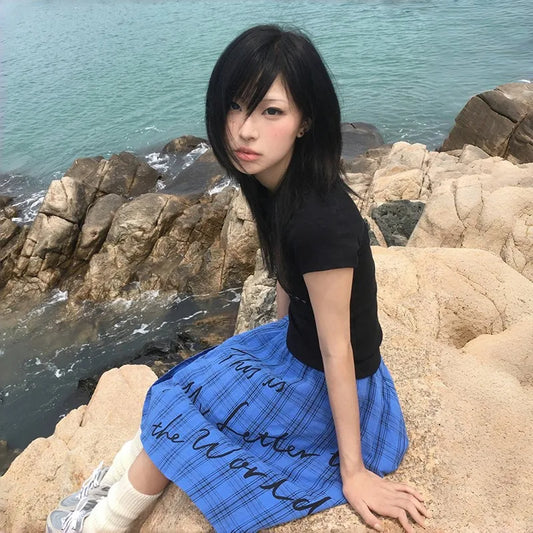 Cathy Dollette Japanese  Graffiti Print  Vintage 2000s Style Short Sleeve T Shirt Harajuku Fairycore Black Tee Shirt Grunge