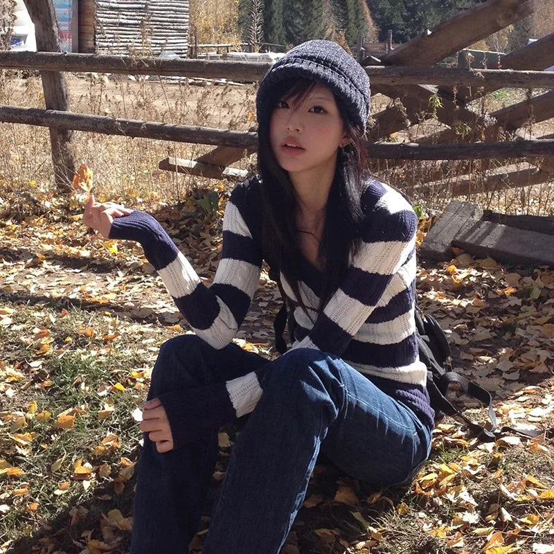 Cathy Dollette Japanese  V-neck Striped Sweater Vintage Harajuku Knit Slim Pullovers Korean Style Winter Knitwear 2000s s