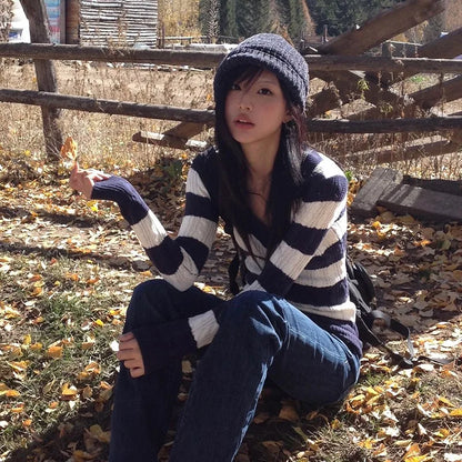 Cathy Dollette Japanese  V-neck Striped Sweater Vintage Harajuku Knit Slim Pullovers Korean Style Winter Knitwear 2000s s