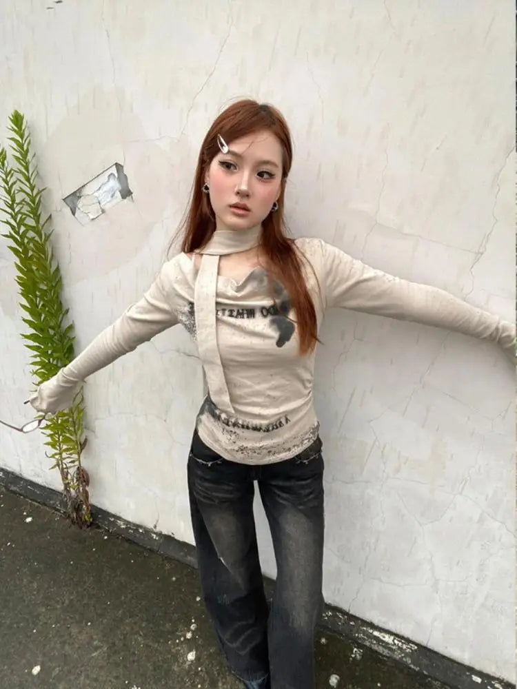 Cathy Dollette Vintage Print T Shirt  Flare Sleeve  Crop TopGrunge TopE-girl Tee TopJapanese 2000s Streetwear Tshirts