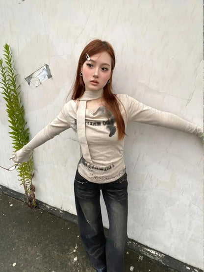 Cathy Dollette Vintage Print T Shirt  Flare Sleeve  Crop TopGrunge TopE-girl Tee TopJapanese 2000s Streetwear Tshirts