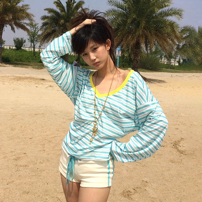 Cathy Dollette Japanese  Blue Striped  Korean 2000s Style V-neck Long Sleeve T Shirt Vintage Harajuku Off Shoulder Loose Tops