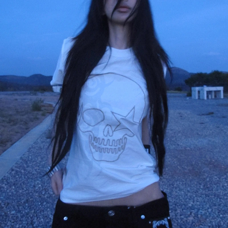 Cathy Dollette Grunge s Skull Print  Trashy 2000s Style Short Sleeve Tee Shirt Japanese  Streetwear Gothic Vintage