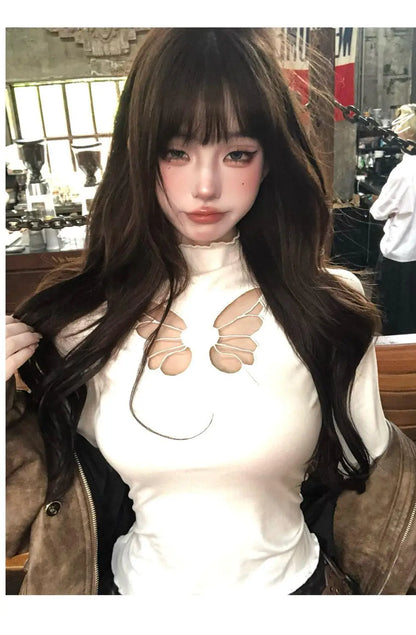 Cathy Dollette Hollow Out T Shirt  Clothes Long Sleeve Japan Style Slim 2000s Clothes  Tees Female Clothing Autumn TopChic