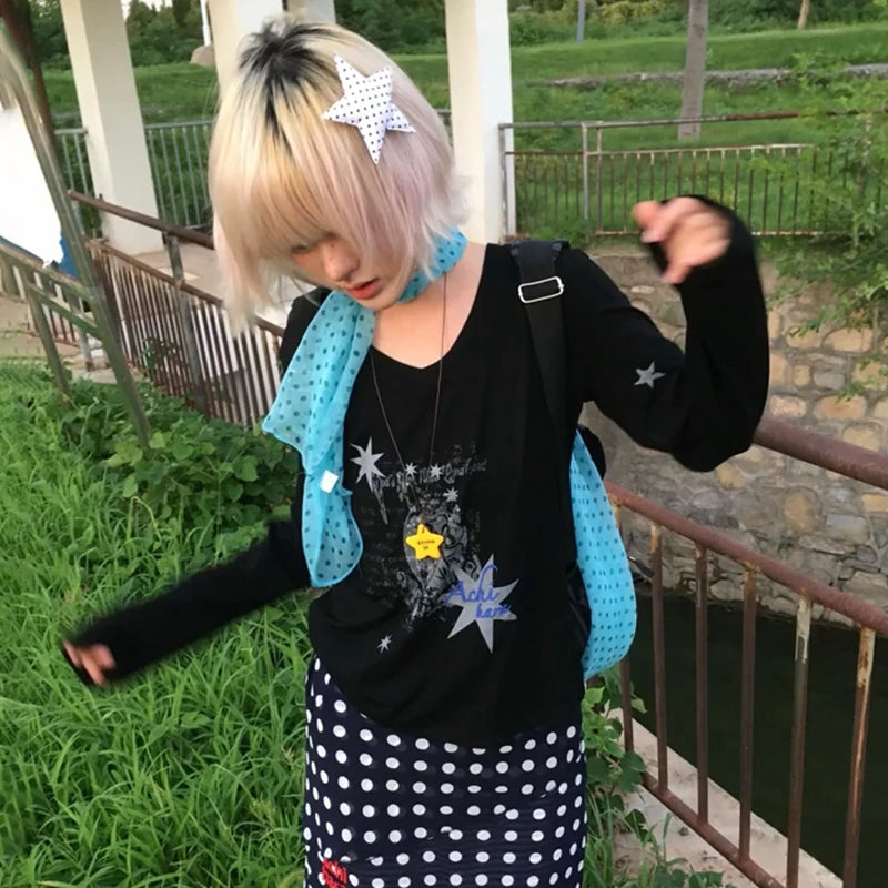 Cathy Dollette Japanese  Star Print  Vintage Harajuku Long Sleeve V-neck Top2000s s Streetwear American Retro 90s