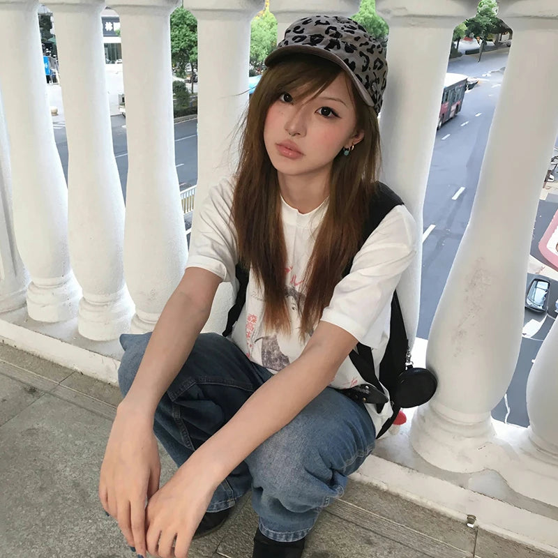 Cathy Dollette Japanese  Anime Print  Trashy 2000s Style Short Sleeve Tshirt Vintage Harajuku White Loose TopAmerican Retro