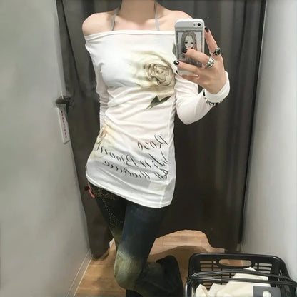 Cathy Dollette Japanese  Off Shoulder TopVintage 2000s Style Knitted  Harajuku Flower Print Long Sleeve Sheer TopAmerican