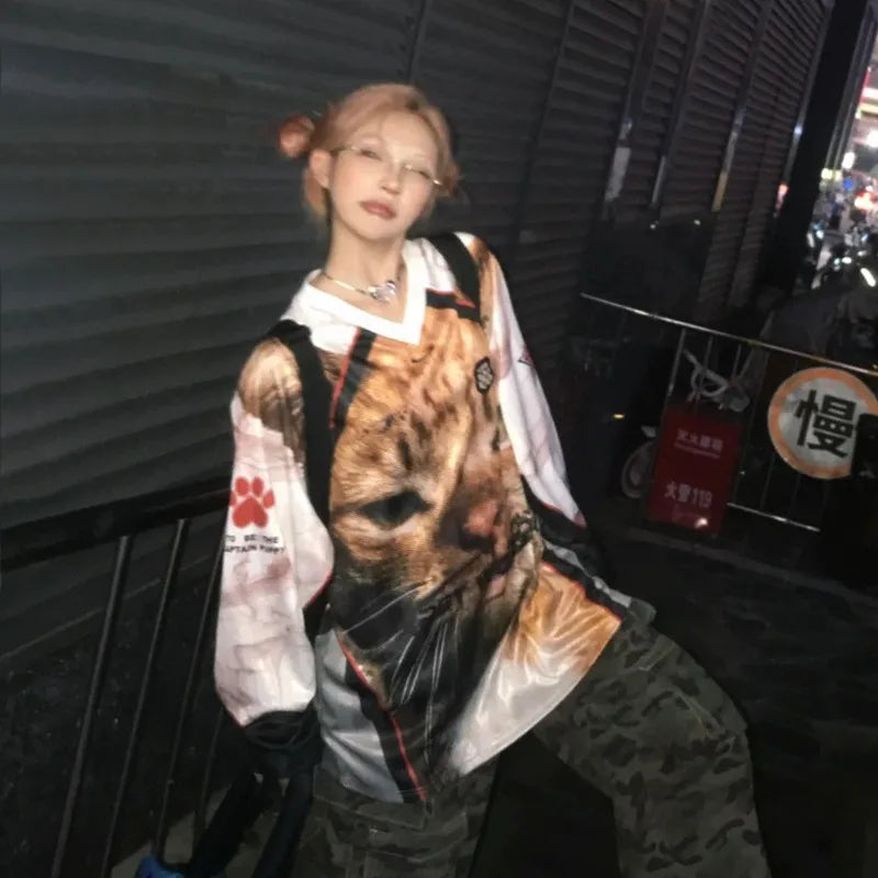 Cathy Dollette Japanese  Kitten Print Jersey  Vintage Harajuku V-neck Long Sleeve Cat TopAmerican Retro Streetwear 2000s