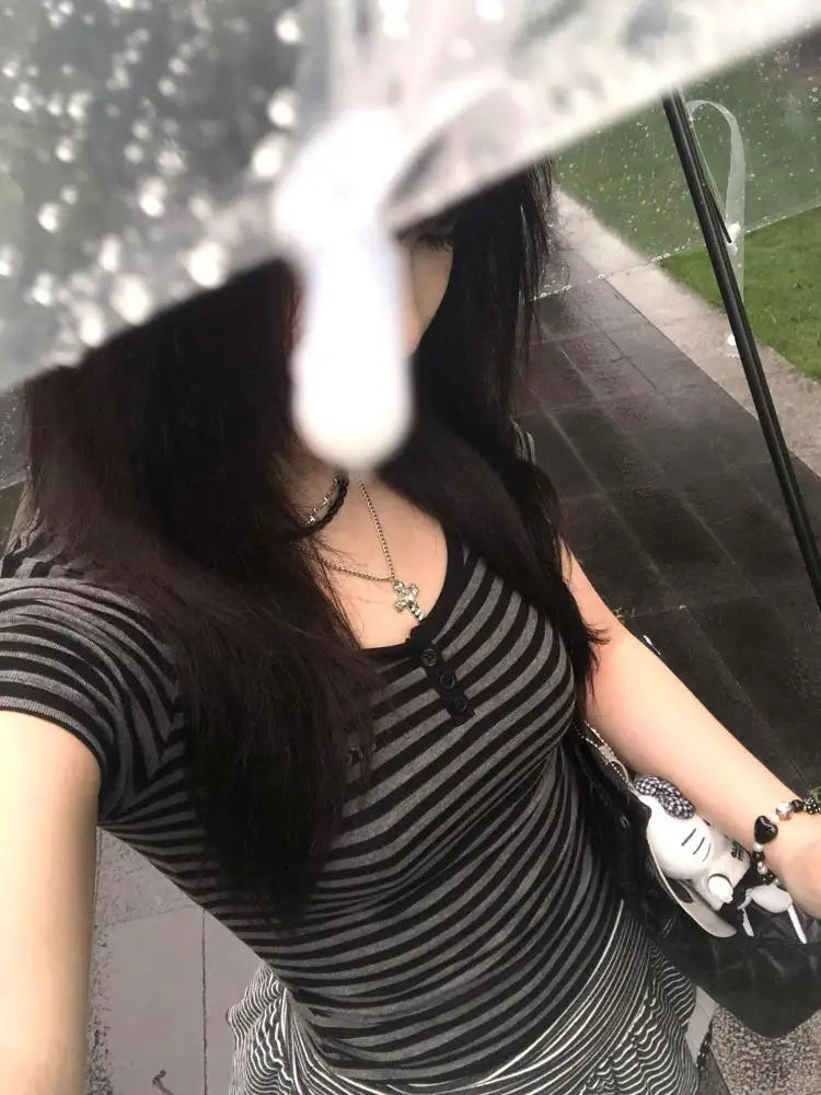 Cathy Dollette Hotsweet Striped 's  Slim Summer Short Sleeve Korean Fashion 2000s Clothes  Tees Female Clothing