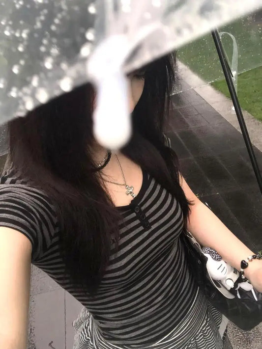 Cathy Dollette Hotsweet Striped 's  Slim Summer Short Sleeve Korean Fashion 2000s Clothes  Tees Female Clothing