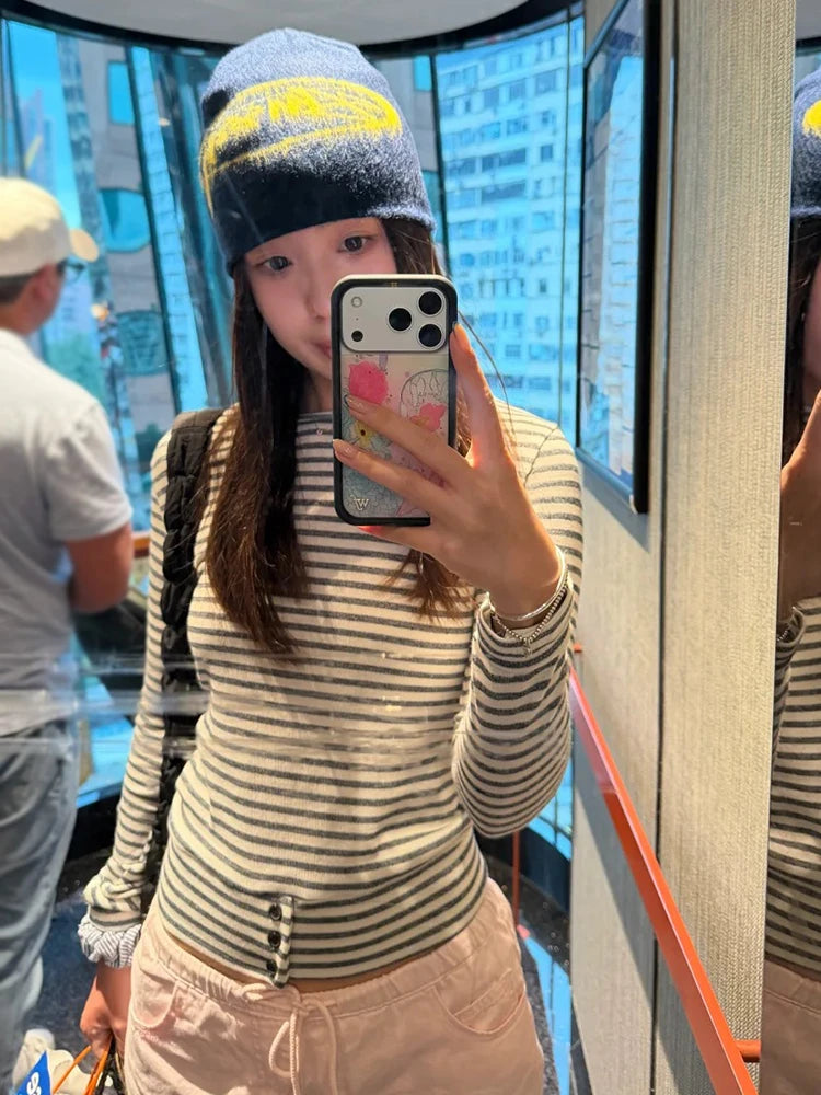 Cathy Dollette Japanese    Long Sleeve Striped Crop TopKorean Style Grunge Top2000s  Tshirts Streetwear