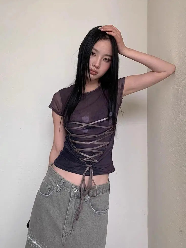 Cathy Dollette Lace Up T Shirt  Slim Streetwear Short Sleeve Korean Fashion 2000s Clothes  Tees Female Clothing Summer Tops