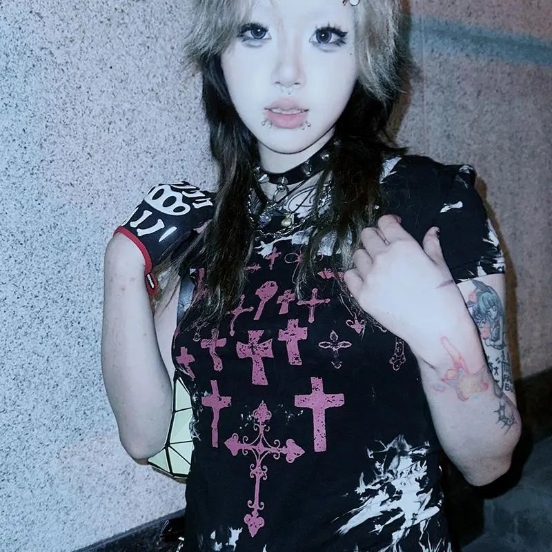 Cathy Dollette Gothic Graphic T Shirts Woman Clothes Short Sleeve Japan Style 2000s Clothes  Summer TopBlack Tees Female Clothing