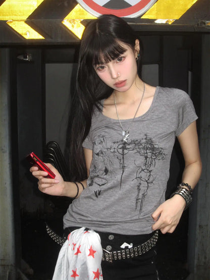 Cathy Dollette Hotsweet Grey Print Graphic T Shirts 2000s Clothes  Short Sleeve Summer Top's  Tees Female Clothing