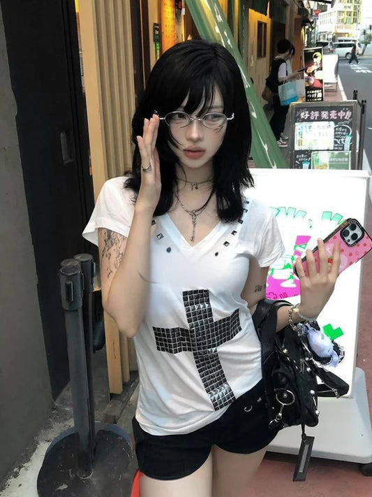 Cathy Dollette  Japanese T Shirt  Short Sleeve Sequined Cross Tee TopAmerican Retro Vintage TopE-girls Streetwear Tshirts